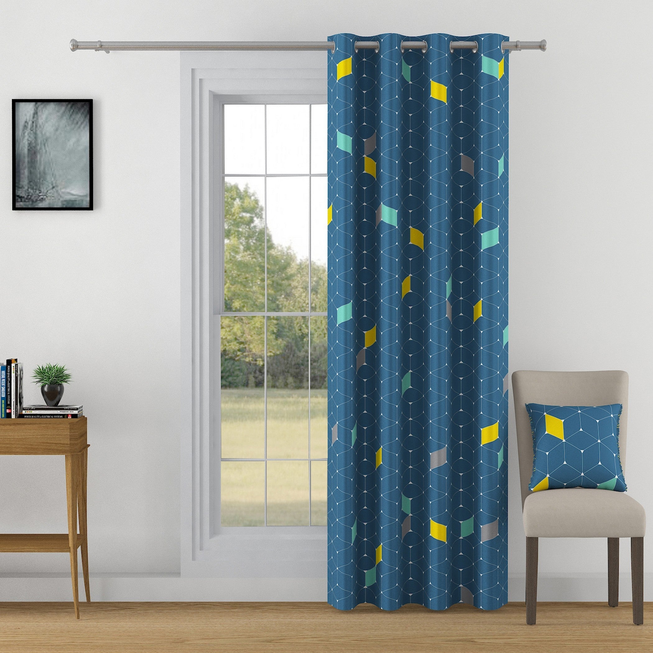 Geometric Cube Pattern Curtains – Blue, Yellow & Aqua