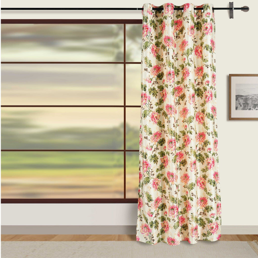 Cream Pink Floral Print Door Curtain – 7.5 ft | Eyelet Style | Classic Bloom Design