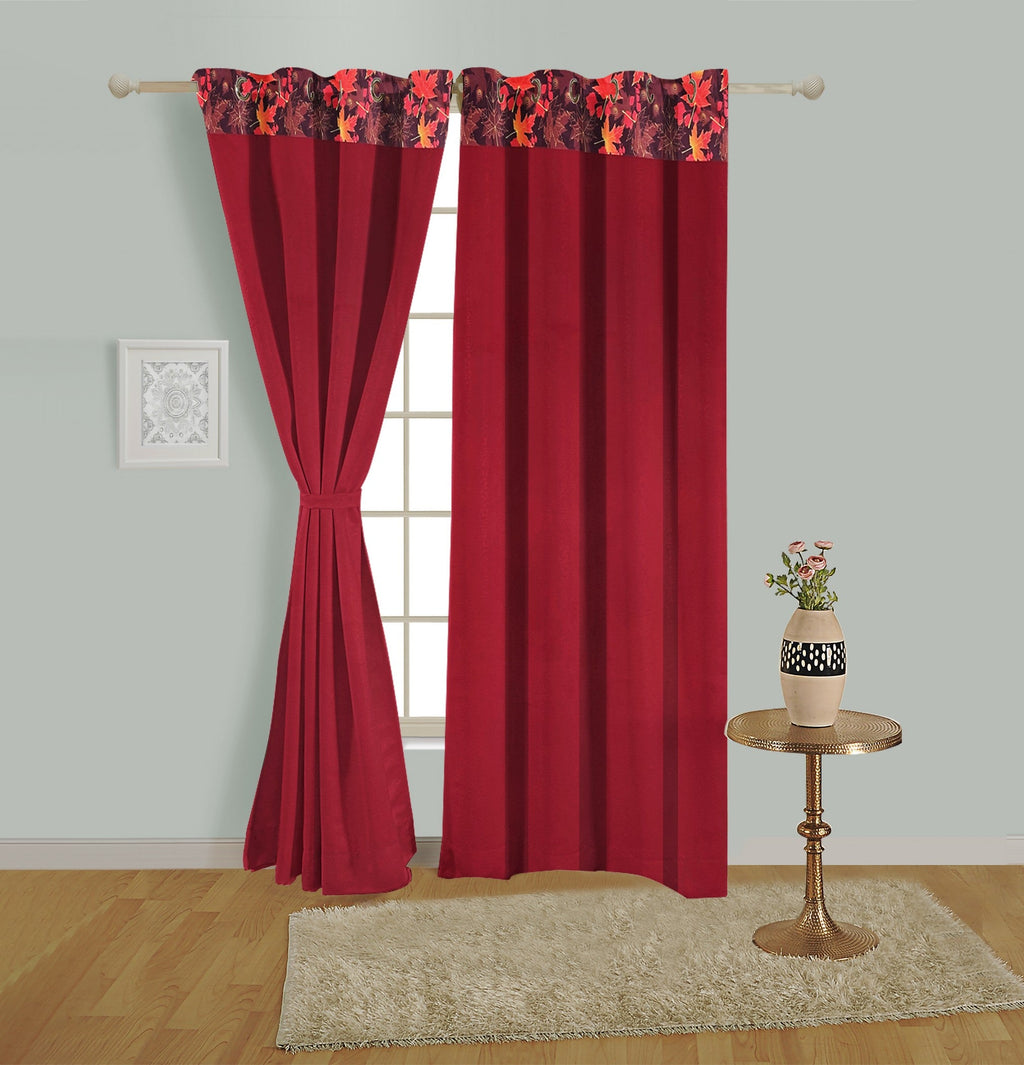 Maroon Leaf Border Door Curtain – 7.5 ft | Eyelet Style | Rich Dual-Tone Design