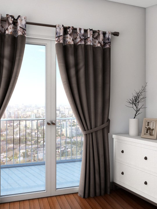 Brown Floral Top Border Door Curtain – 7.5 ft | Eyelet Style | Elegant Dual-Tone Design