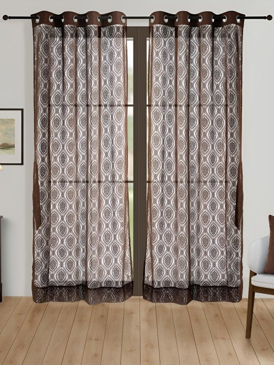 Elegant Sheer Long Door Curtains – Brown Lace Pattern, Set of 2