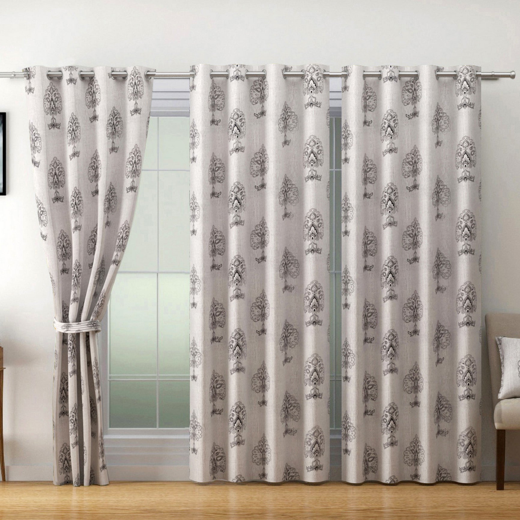Ivory Royale Cotton Window Curtain with Elegant Mughal Motif Print