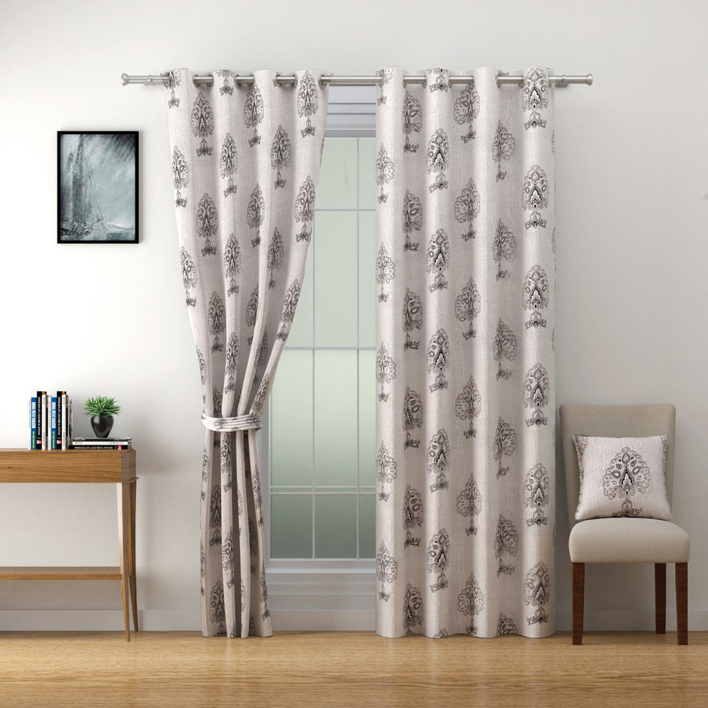 Ivory Royale Cotton Long Door Curtains Set of 2 with Elegant Mughal Motif Print
