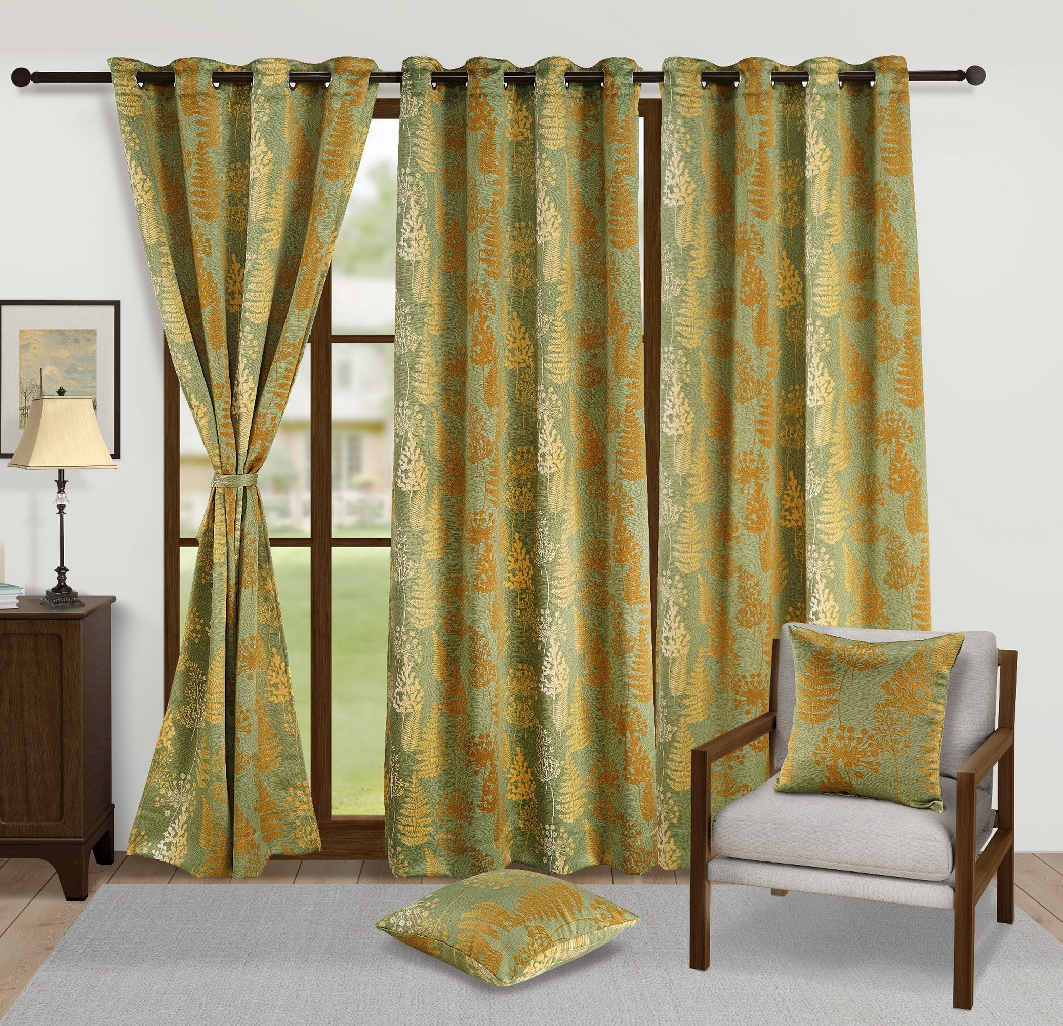 Green Botanical Leaf Print Door Curtain – 7.5 ft | Eyelet Style | Nature-Inspired Design