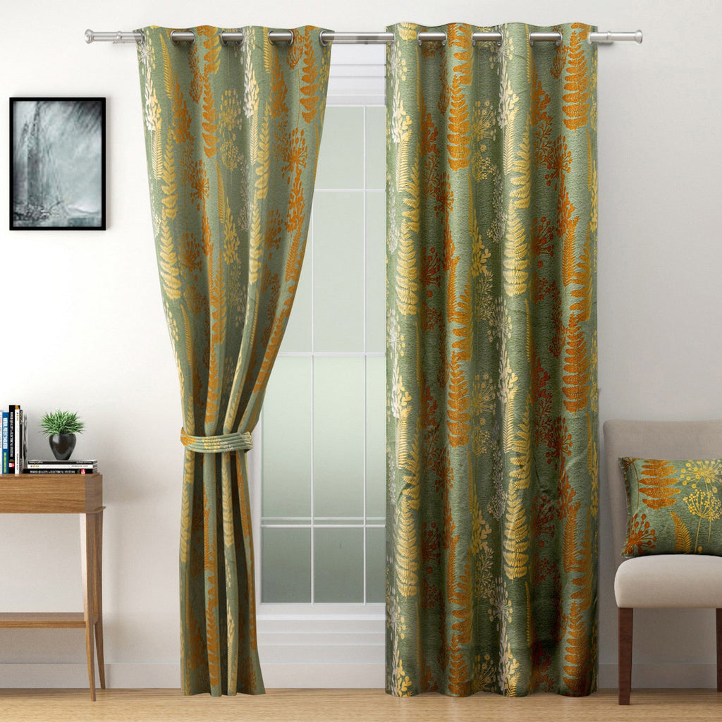 Green Botanical Leaf Print Door Curtain – 7.5 ft | Eyelet Style | Nature-Inspired Design