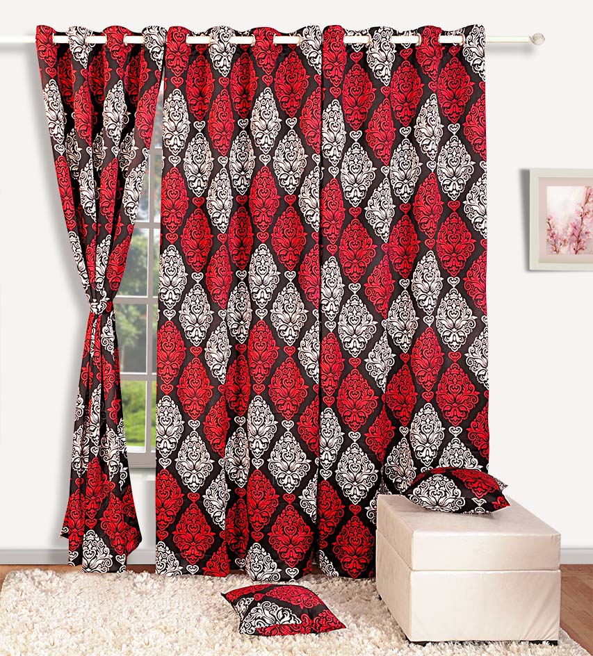 Premium Damask Red and Black Printed Window Curtains – Set of 2