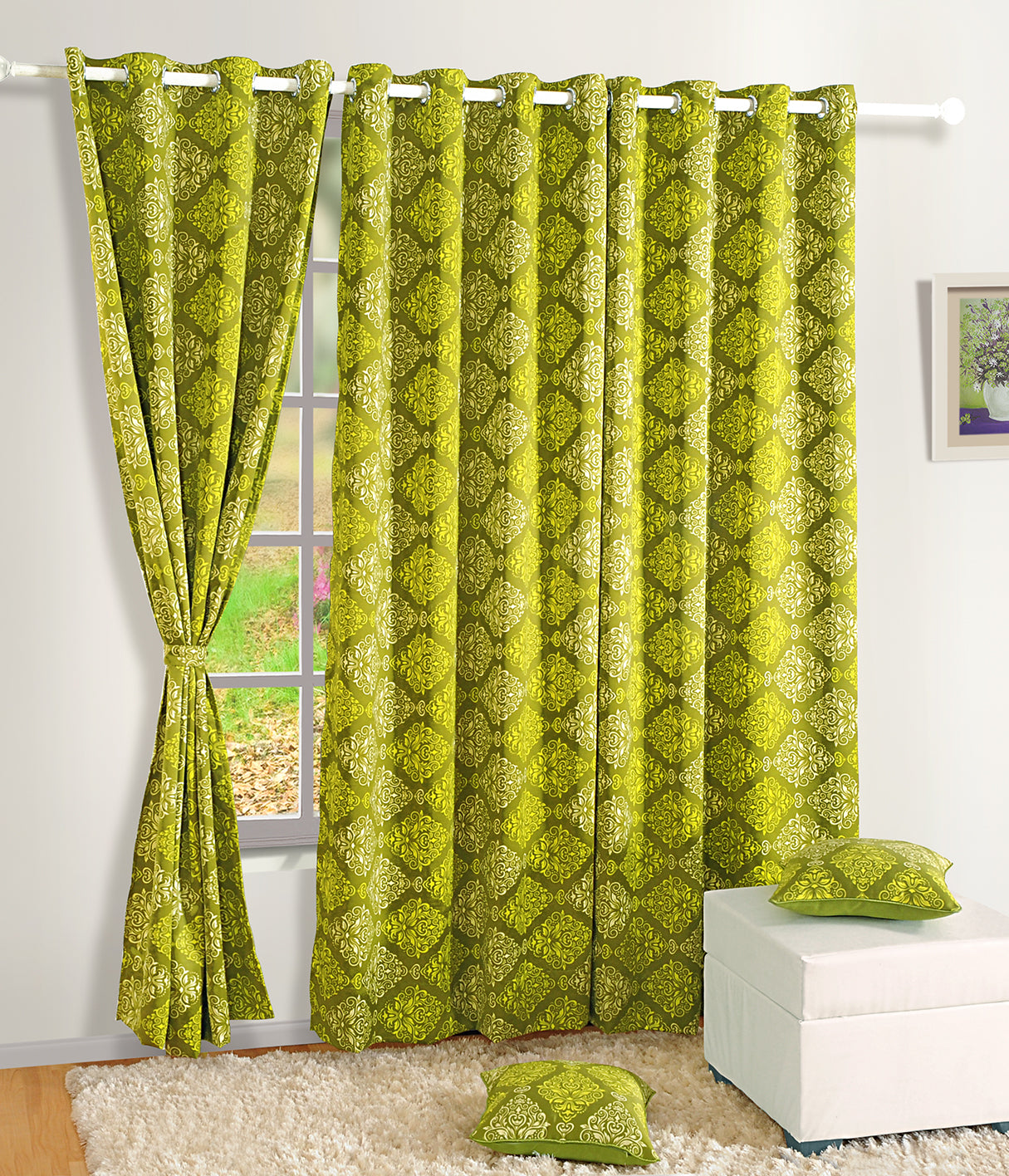 Premium Olive Green Printed Long Door Curtains – Set of 2