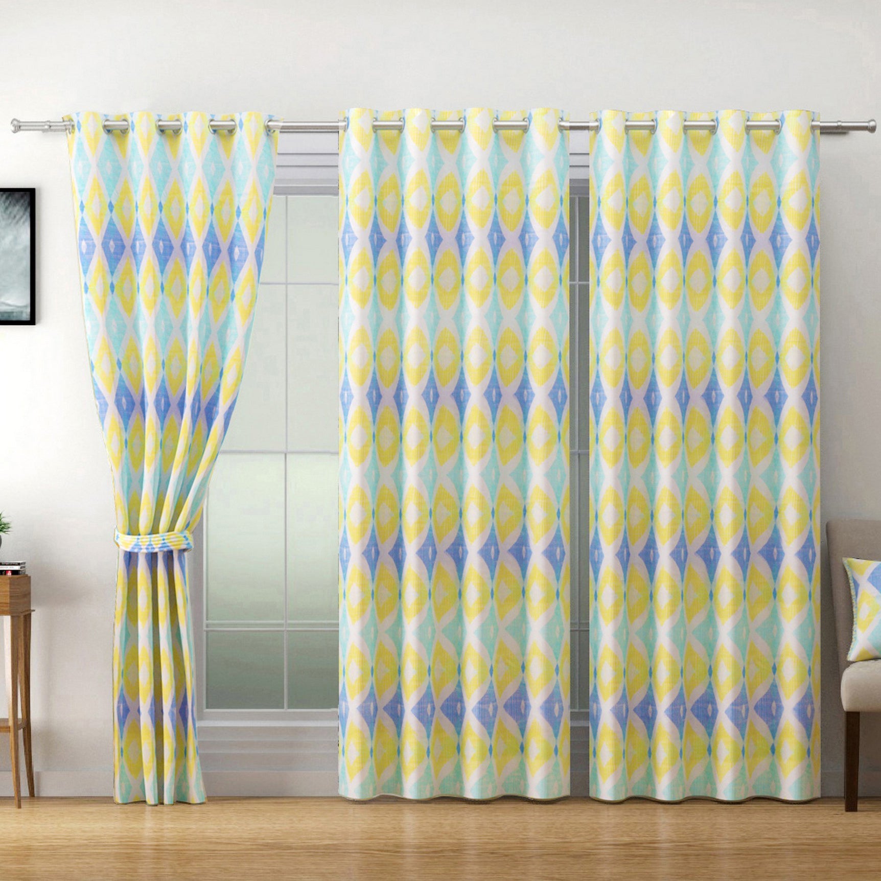 Premium Geometric Blue and Yellow Printed Door Curtain