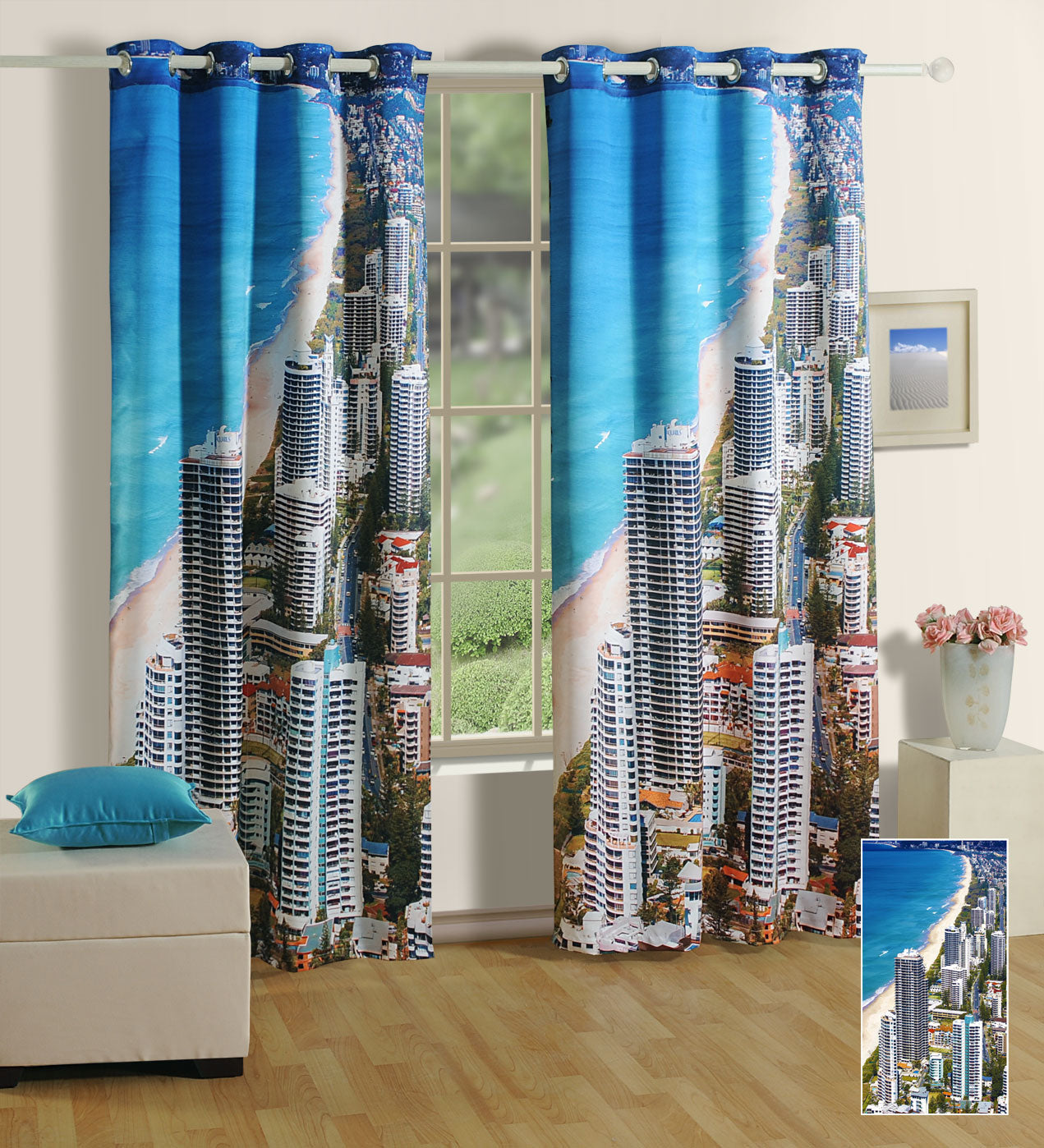 Beach City Buzz! High-Rise Coastal Skyline Window Curtain – Pack of 1