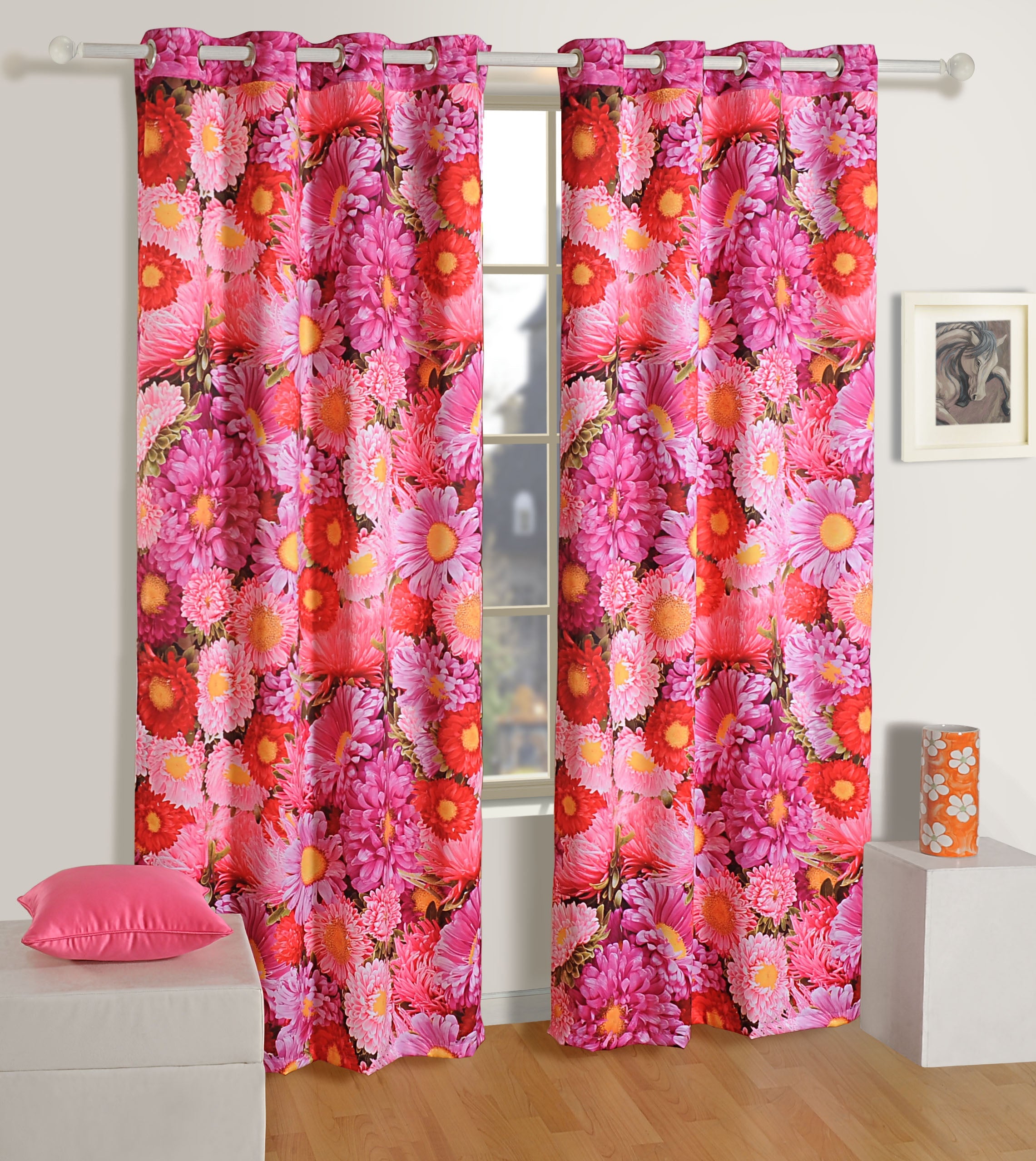 Bloom Boom! Floral Explosion Window Curtain – Pack of 1 (Bold Pink Petals)