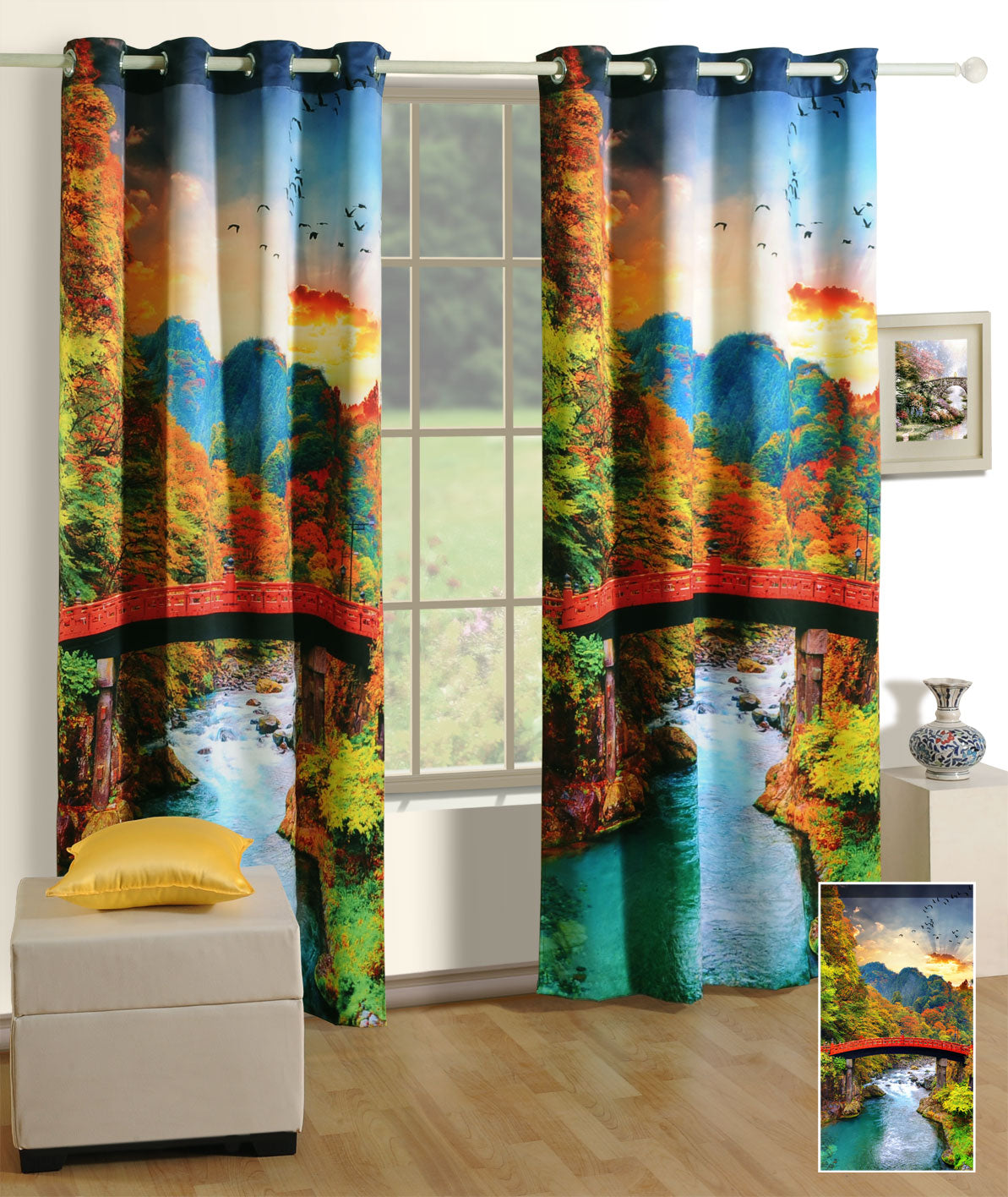 Serene Sunrise Bridge Scenic Door Curtain – Pack of 2