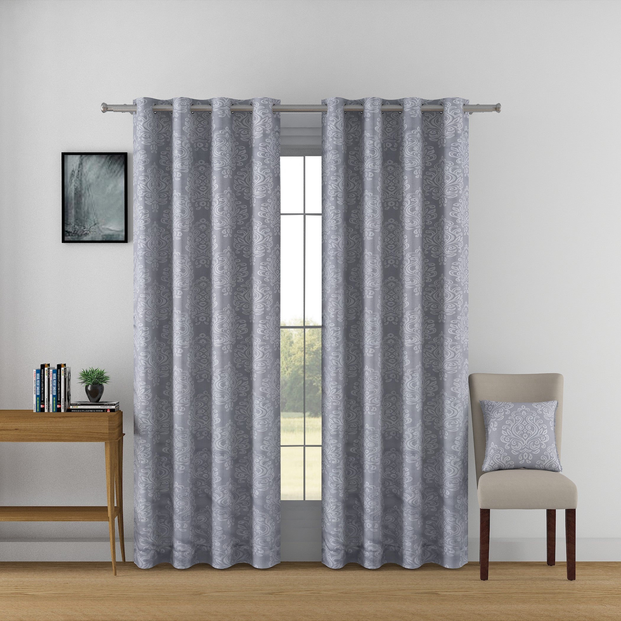 Jacquard Damask Charcoal Grey Door Curtains – Set of 2