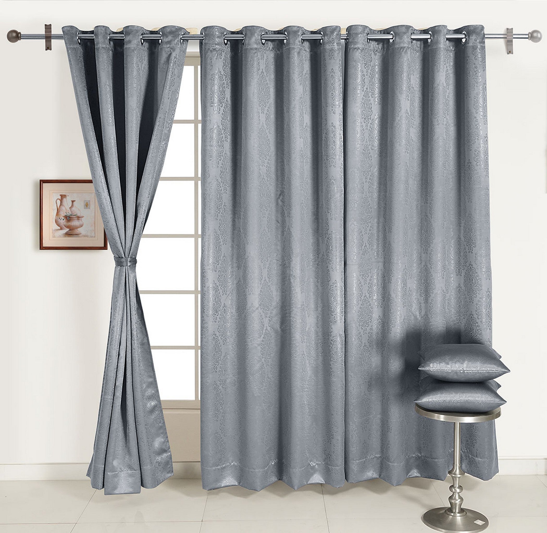 Jacquard Damask Charcoal Grey Door Curtains – Set of 2