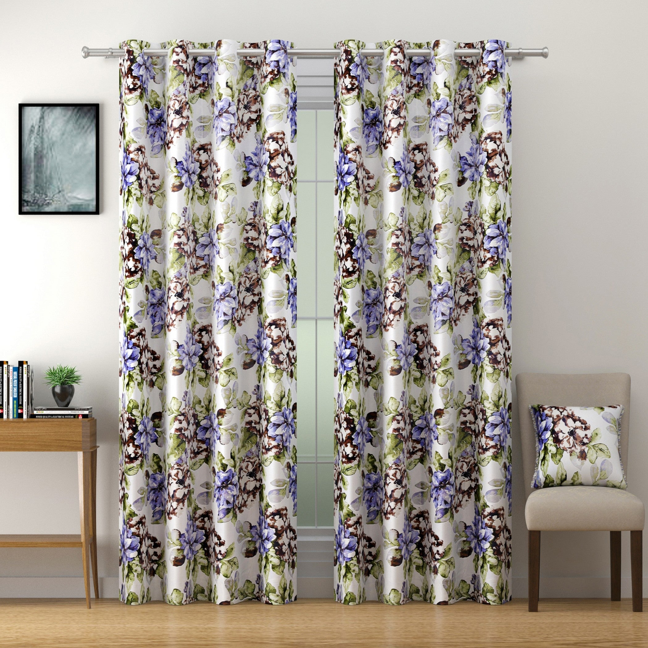 Botanical Bloom Floral Curtains – Lilac & Olive Green, Set of 2