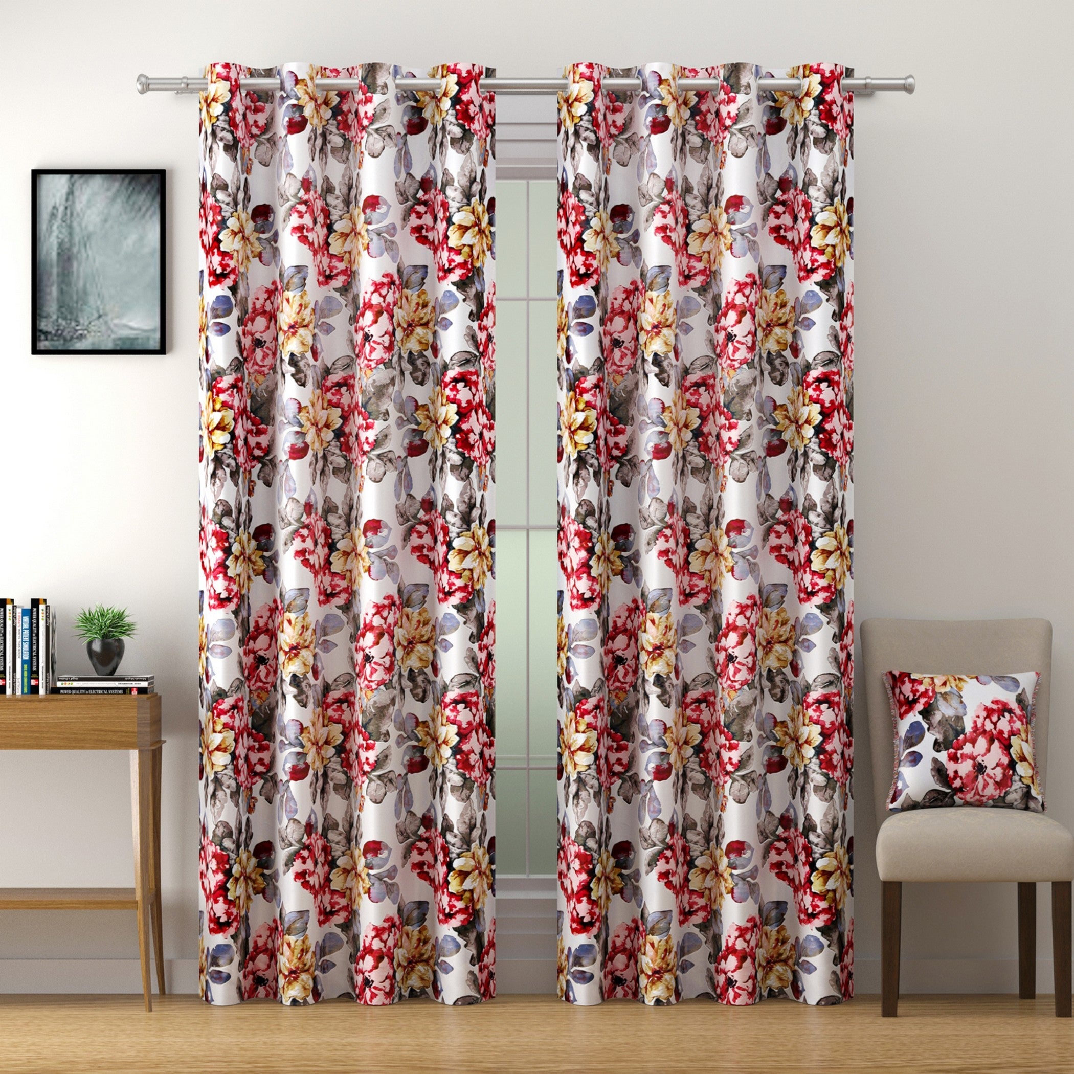 Crimson Bloom Floral Curtains – Red, Mustard & Grey, Set of 2