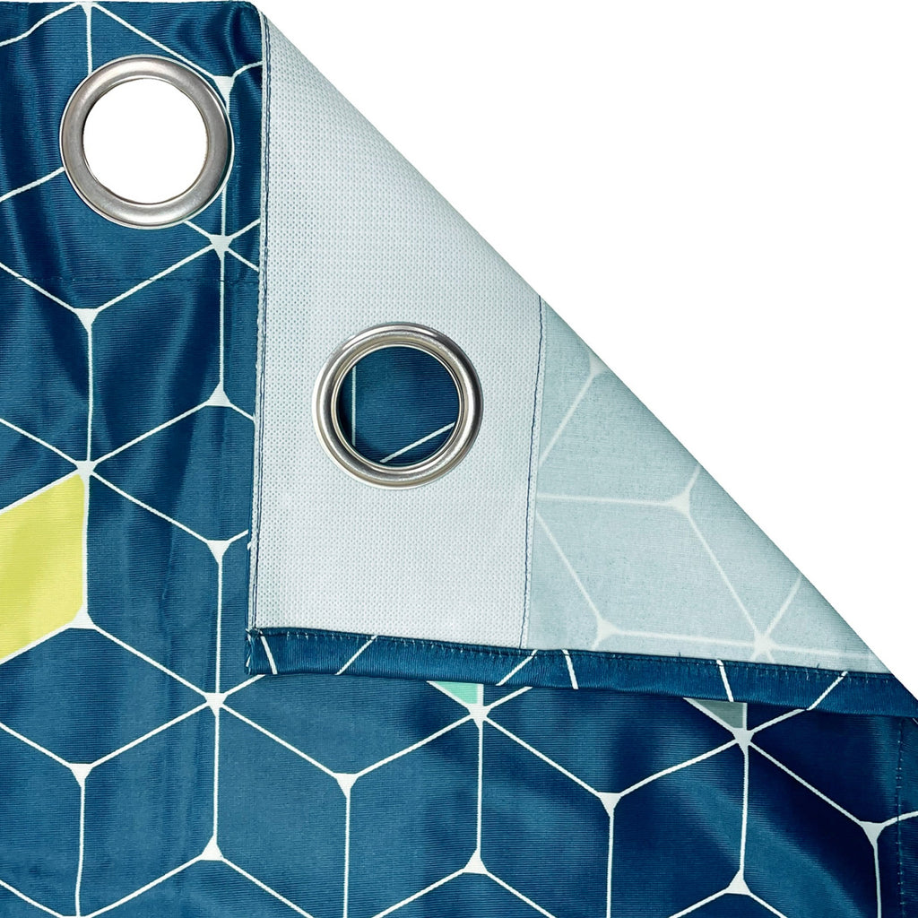 Geometric Cube Pattern Door Curtains – Blue, Yellow & Aqua, Set of 2