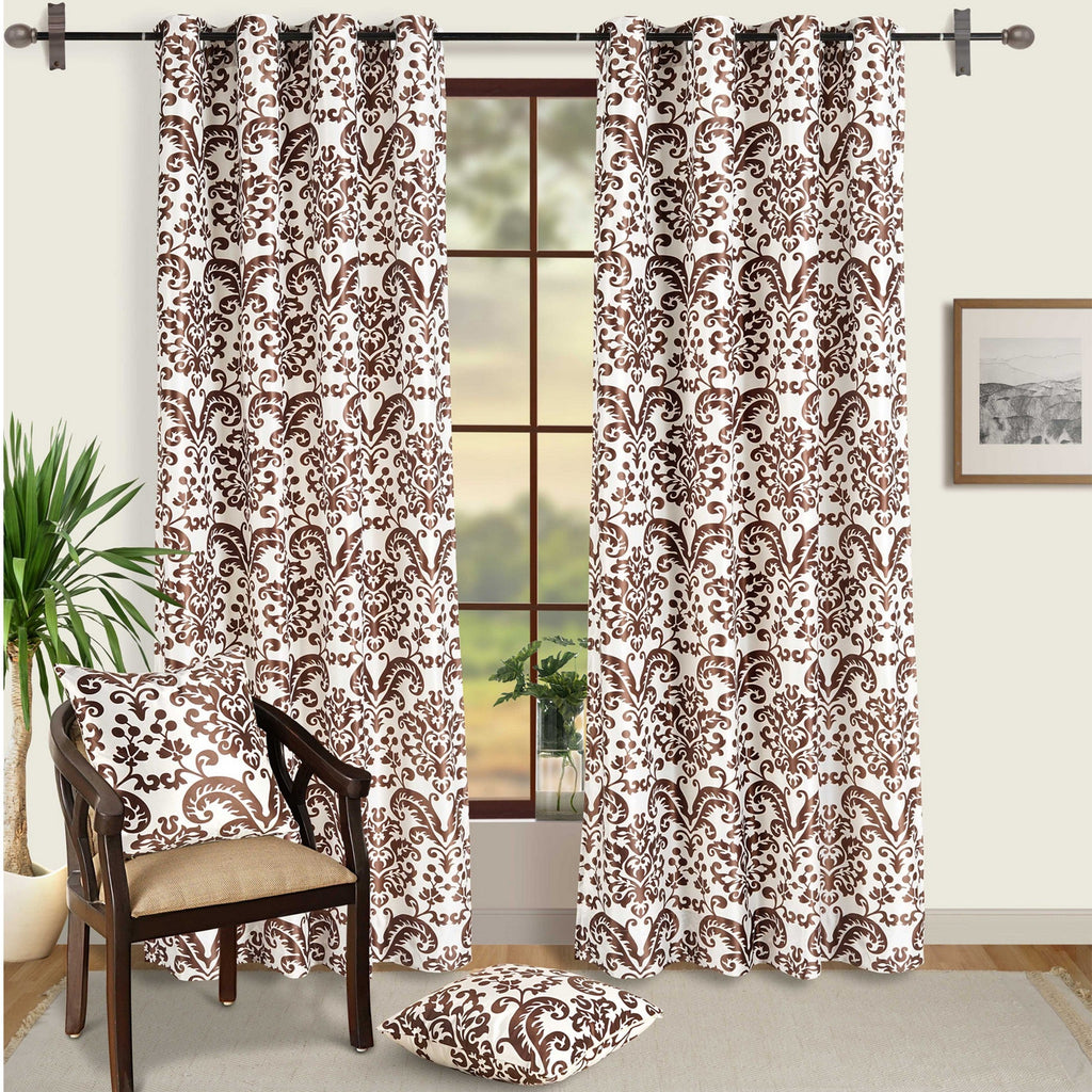 Classic Damask Door Curtains – Brown & White, Set of 2