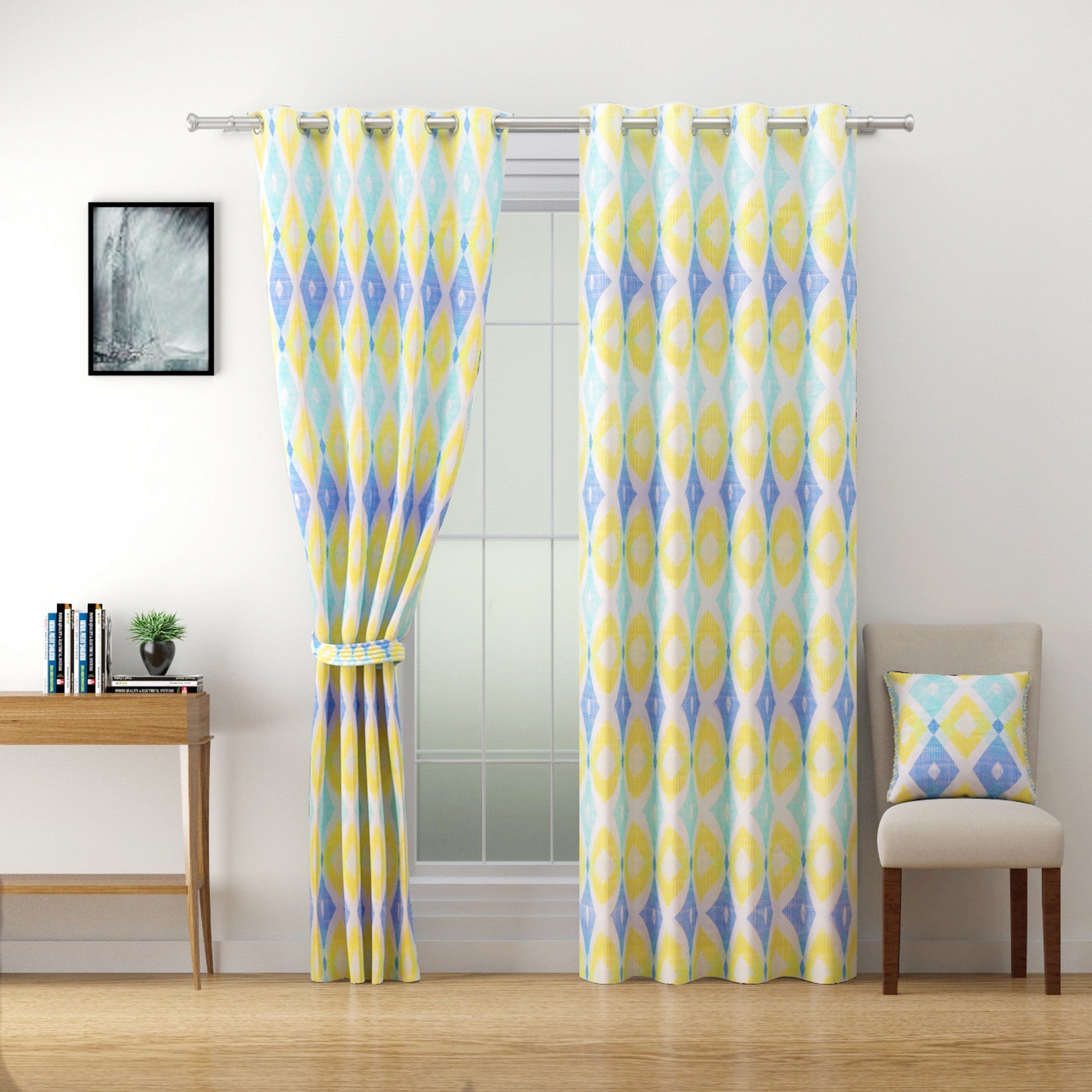 Premium Geometric Blue and Yellow Printed Door Curtains – Set of 2