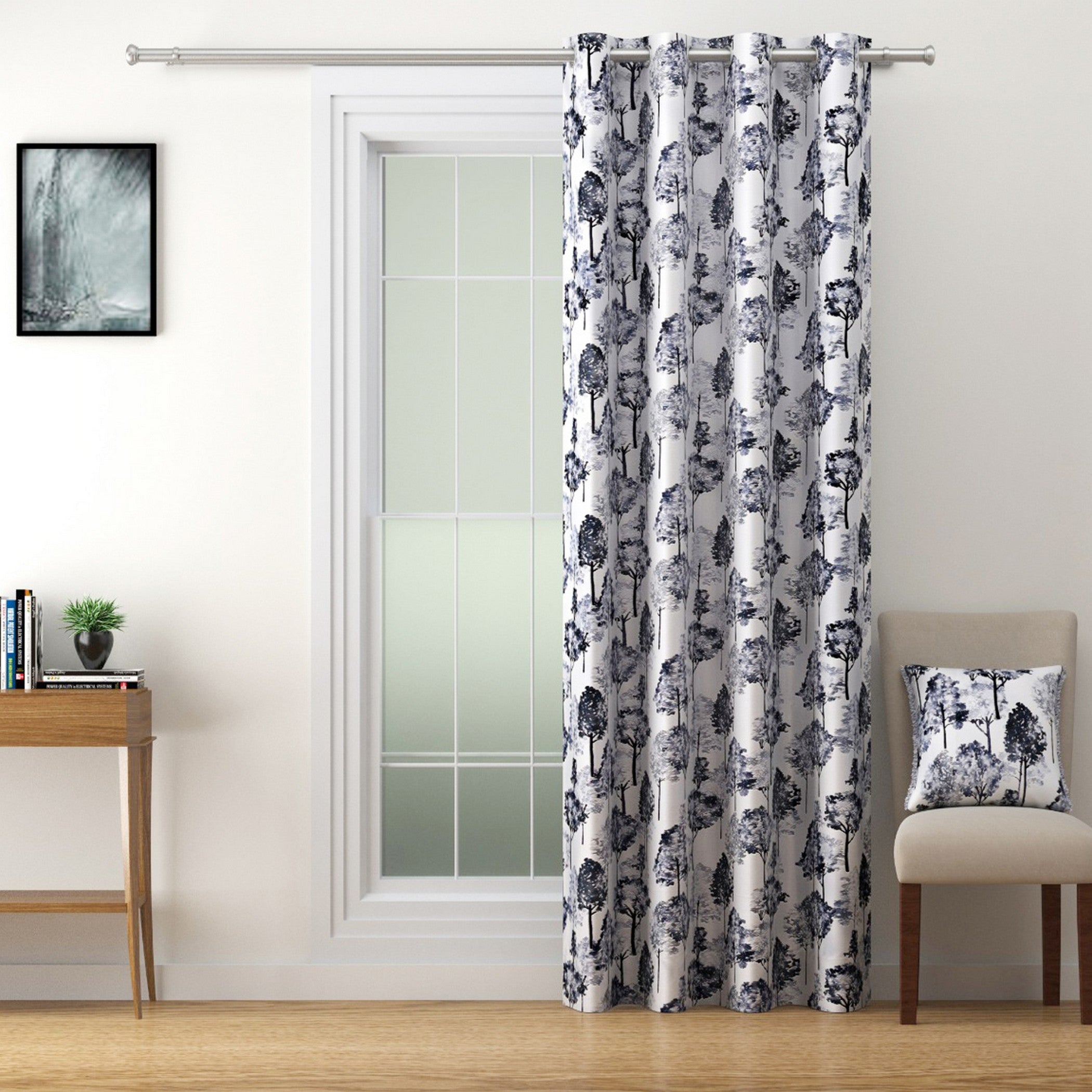 Nature-Inspired Grey Tree Print Long Door Curtains