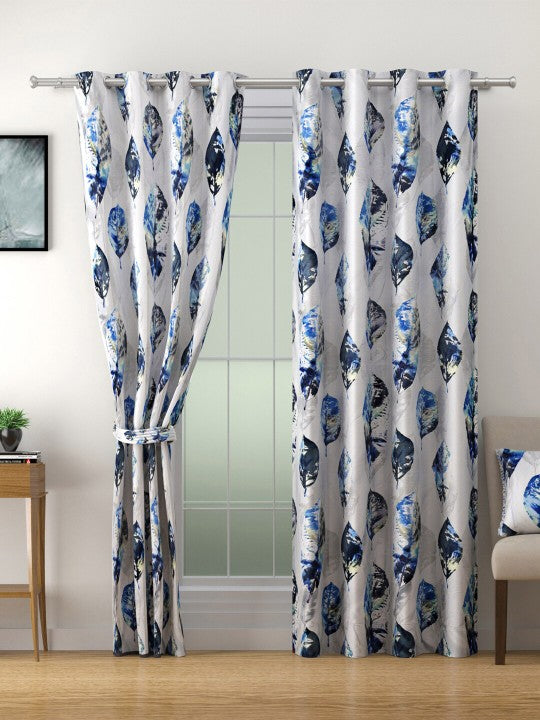 Grey & Blue Leaf Motif Long Door Curtain – 9 ft | Eyelet Style | Contemporary Botanical Design