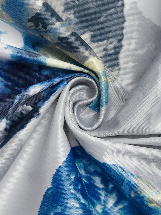 Grey & Blue Leaf Motif Long Door Curtain – 9 ft | Eyelet Style | Contemporary Botanical Design