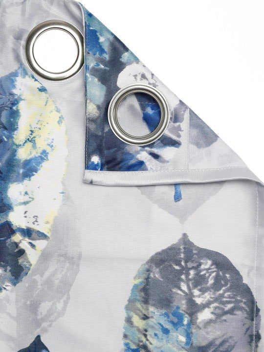 Grey & Blue Leaf Motif Long Door Curtain – 9 ft | Eyelet Style | Contemporary Botanical Design