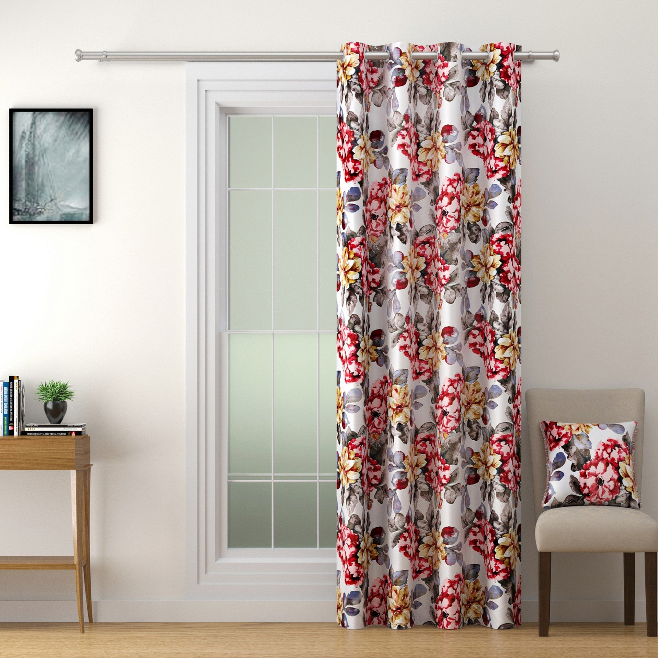 Crimson Bloom Floral Curtains – Red, Mustard & Grey