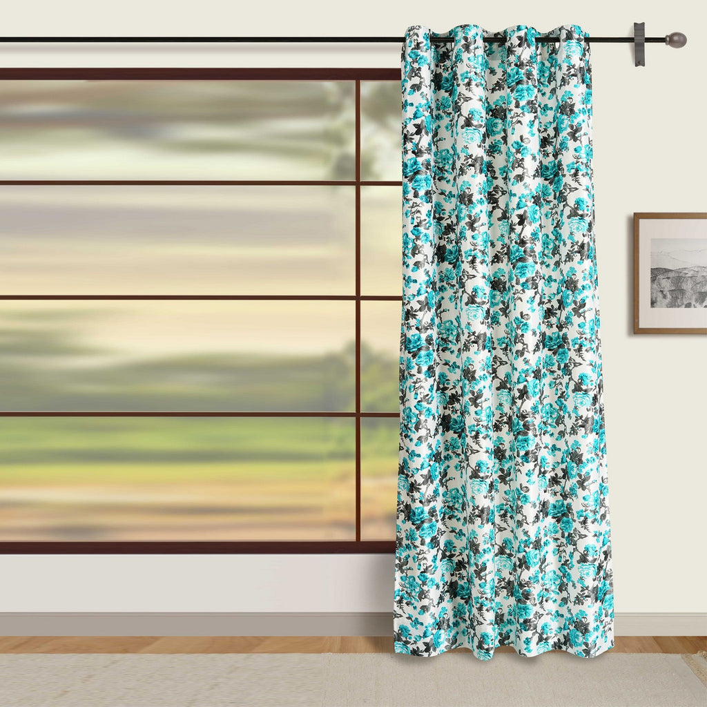 Turquoise Bloom Curtains – Aqua Blue & Charcoal Floral Print