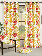 Yellow Multicolor Leaf Motif Long Door Curtain – 9 ft | Eyelet Style | Fresh Botanical Design