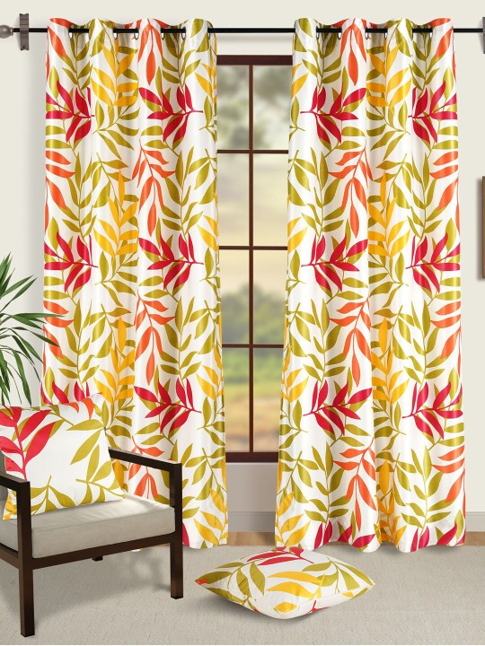 Yellow Multicolor Leaf Motif Long Door Curtain – 9 ft | Eyelet Style | Fresh Botanical Design