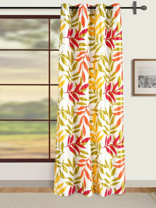 Yellow Multicolor Leaf Motif Long Door Curtain – 9 ft | Eyelet Style | Fresh Botanical Design