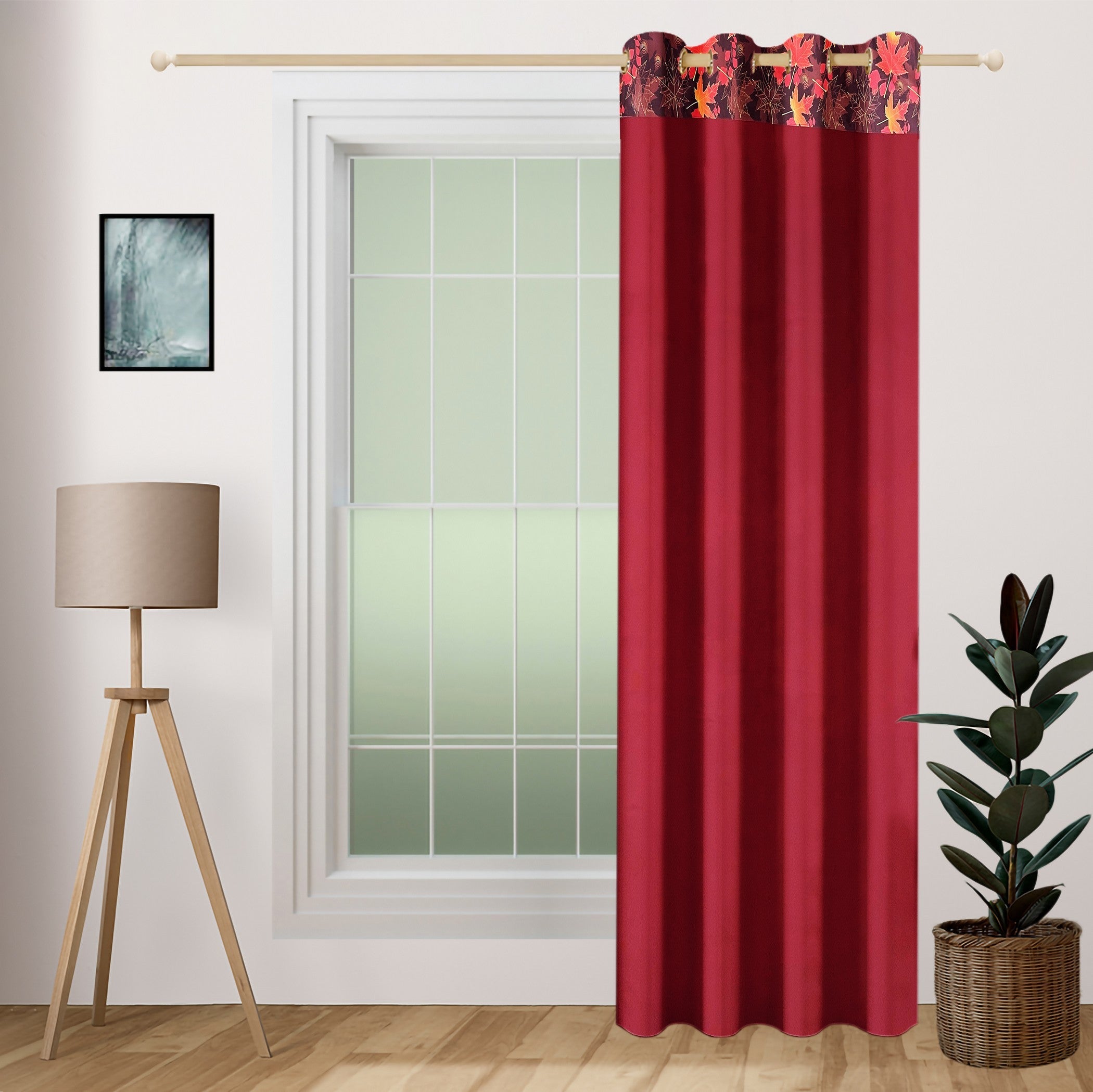 Maroon Leaf Border Long Door Curtain – 9 ft | Eyelet Style | Rich Dual-Tone Design