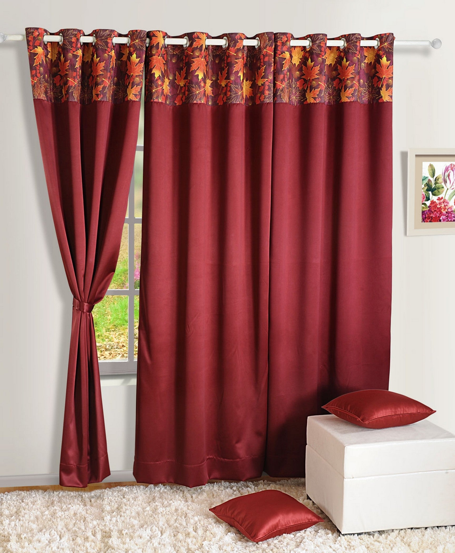 Maroon Leaf Border Long Door Curtain – 9 ft | Eyelet Style | Rich Dual-Tone Design