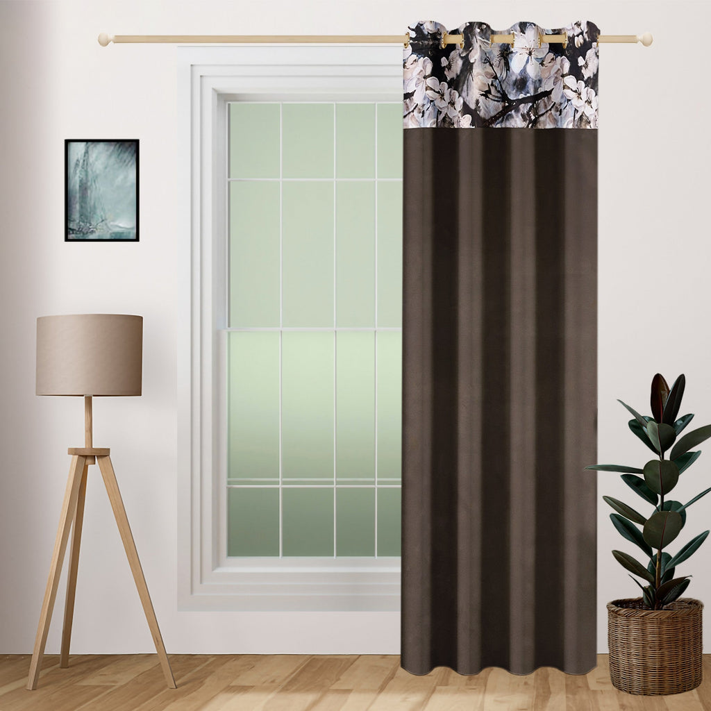 Brown Floral Top Border Long Door Curtain – 9 ft | Eyelet Style | Elegant Dual-Tone Design