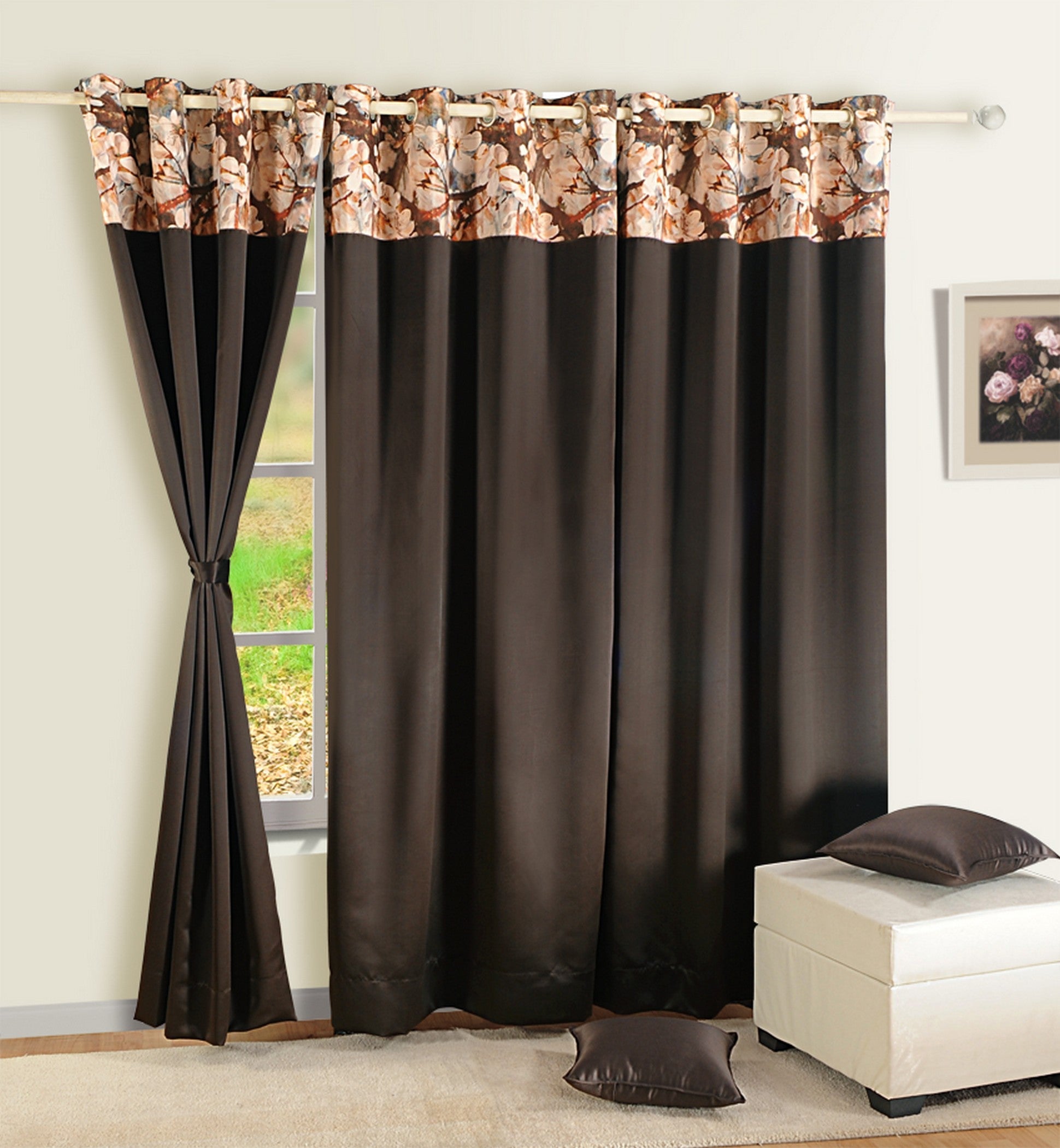 Brown Floral Top Border Long Door Curtain – 9 ft | Eyelet Style | Elegant Dual-Tone Design