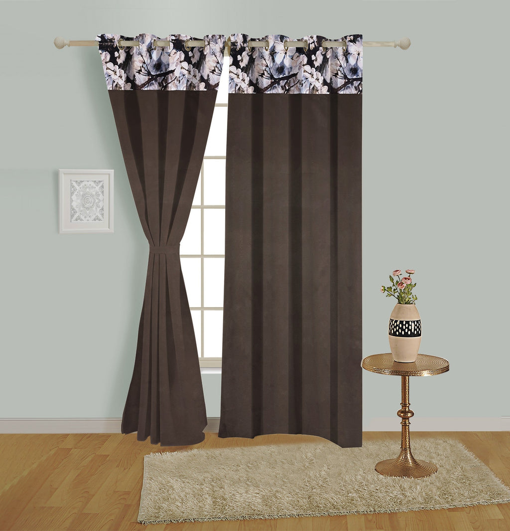 Brown Floral Top Border Long Door Curtain – 9 ft | Eyelet Style | Elegant Dual-Tone Design