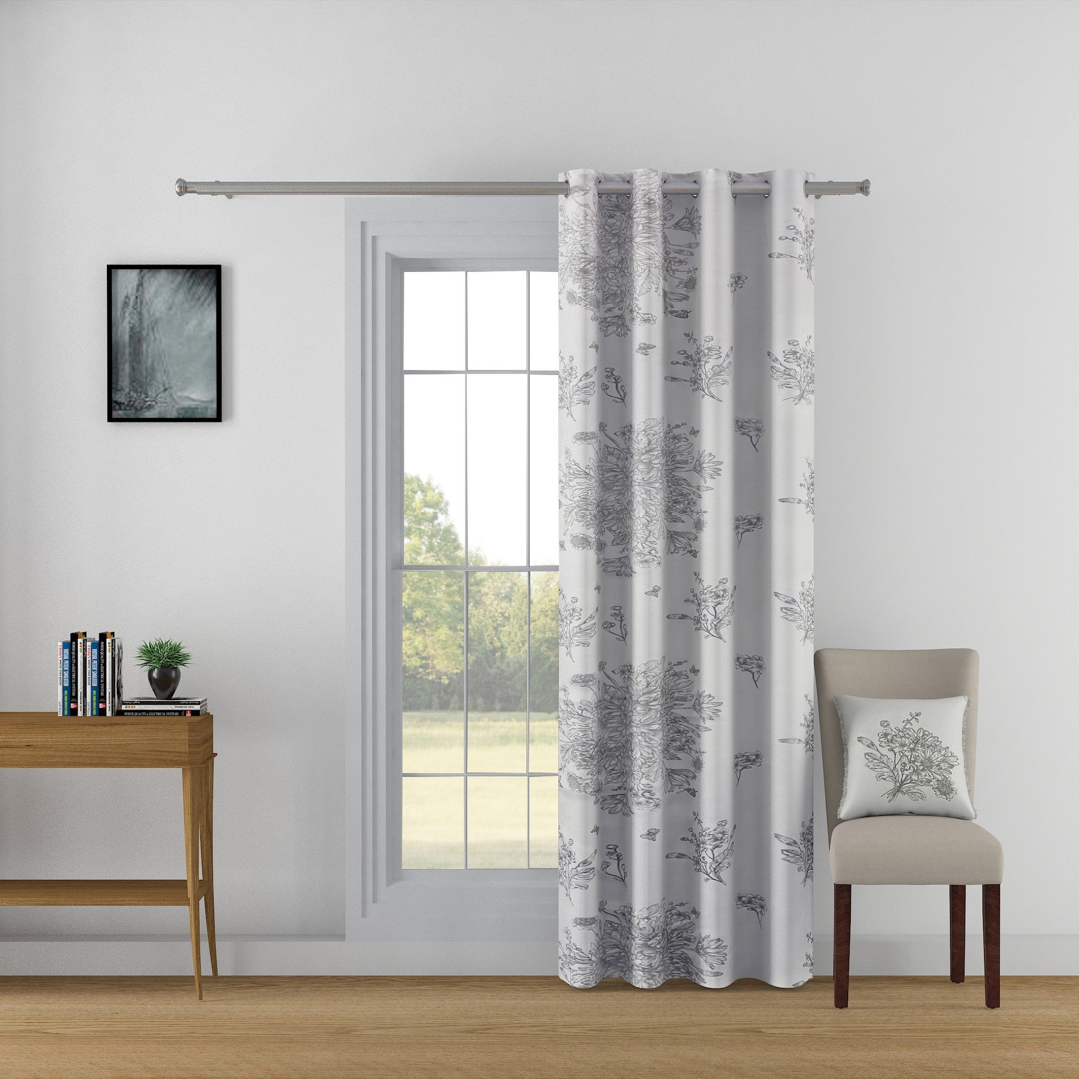 Elegant Cotton Botanical Sketch Grey Long Door Curtain