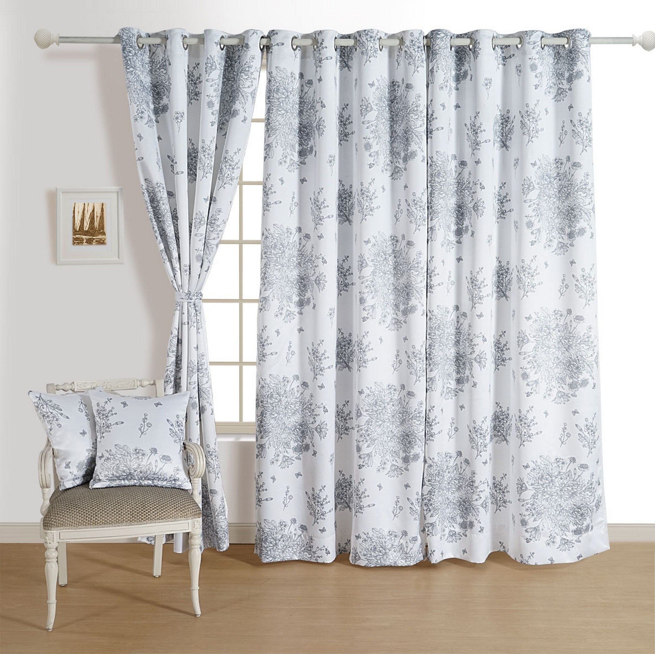 Elegant Cotton Botanical Sketch Grey Long Door Curtain