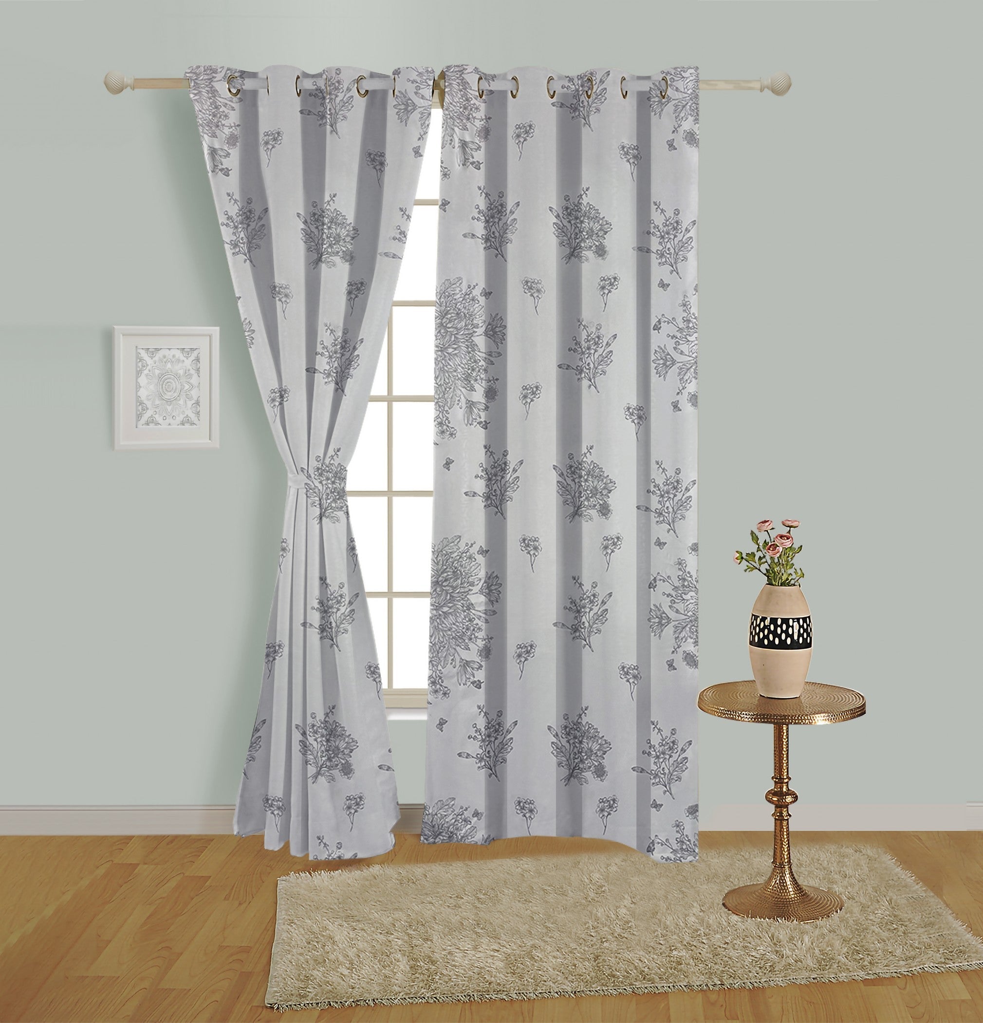 Elegant Cotton Botanical Sketch Grey Long Door Curtain