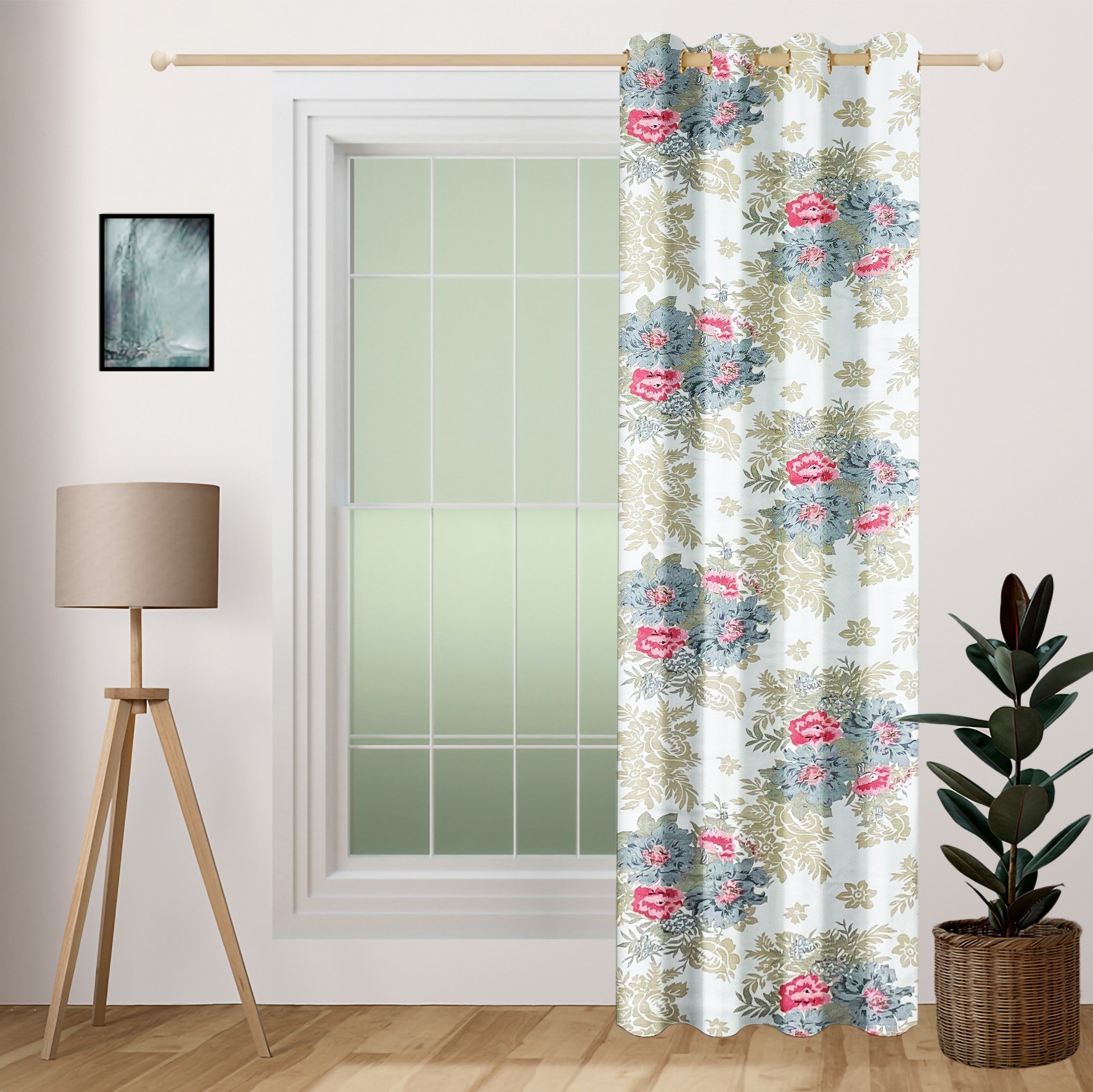 Premium Floral Beige Jacquard Long Door Curtain