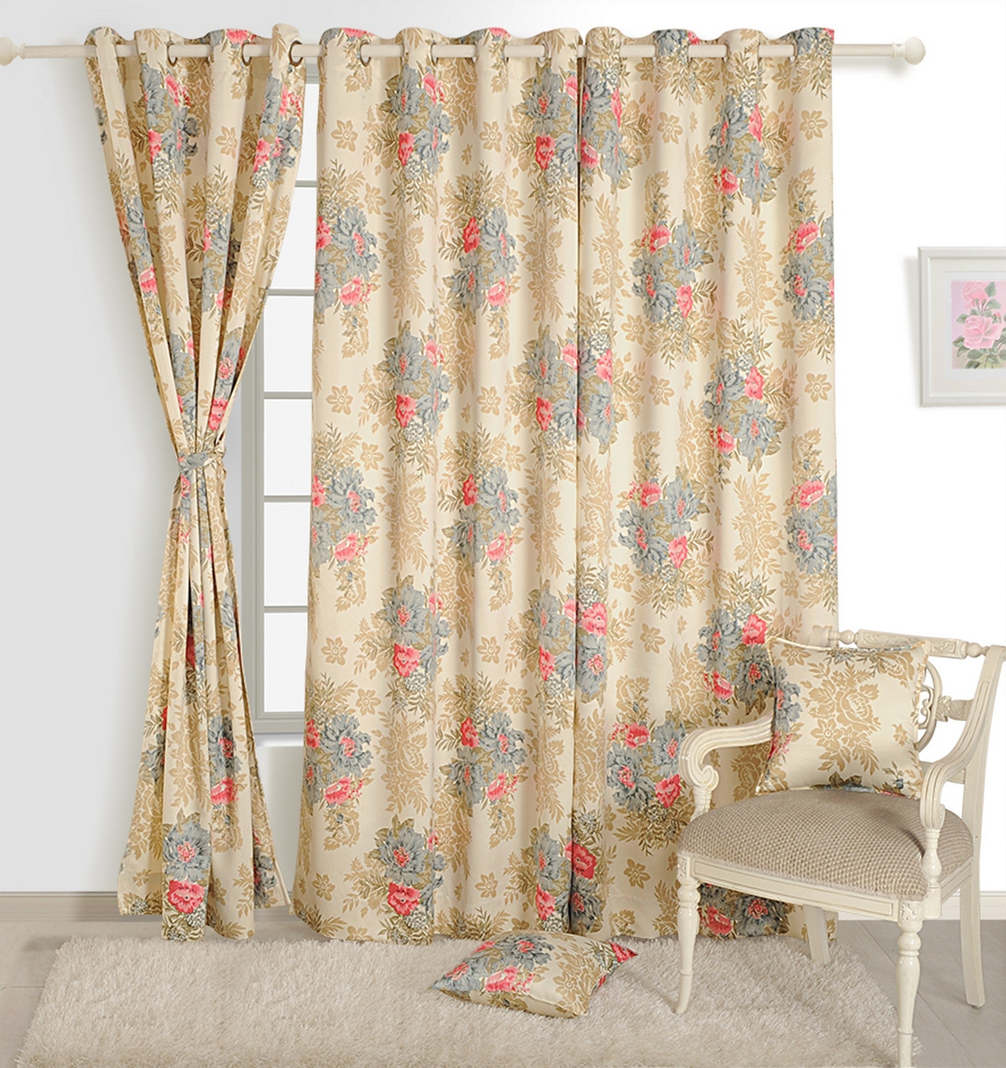 Premium Floral Beige Jacquard Long Door Curtain