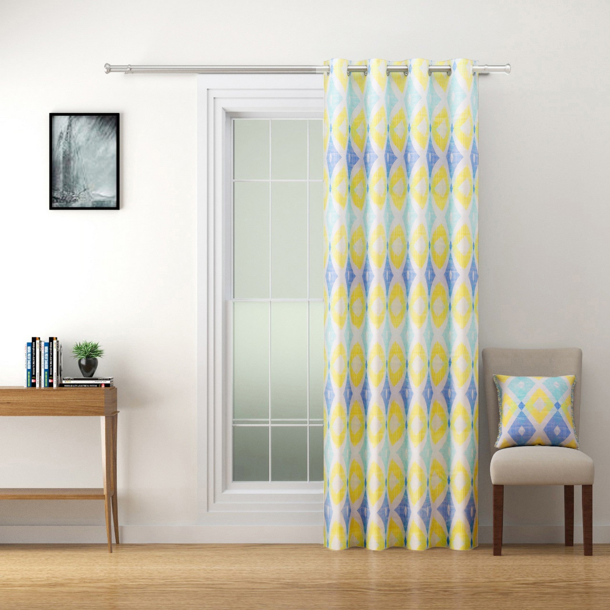 Premium Geometric Blue and Yellow Printed Long Door Curtain