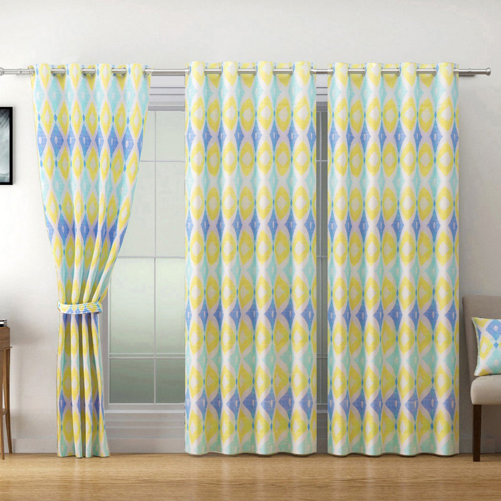 Premium Geometric Blue and Yellow Printed Long Door Curtain
