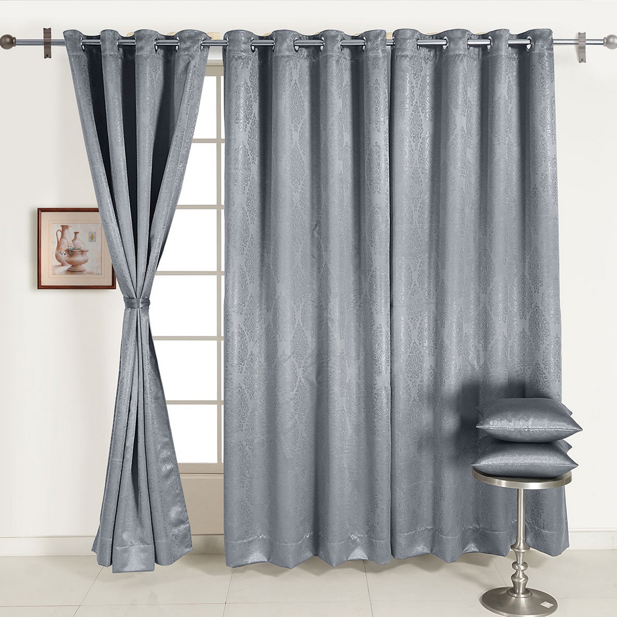 Jacquard Damask Charcoal Grey Long Door Curtains – Set of 2