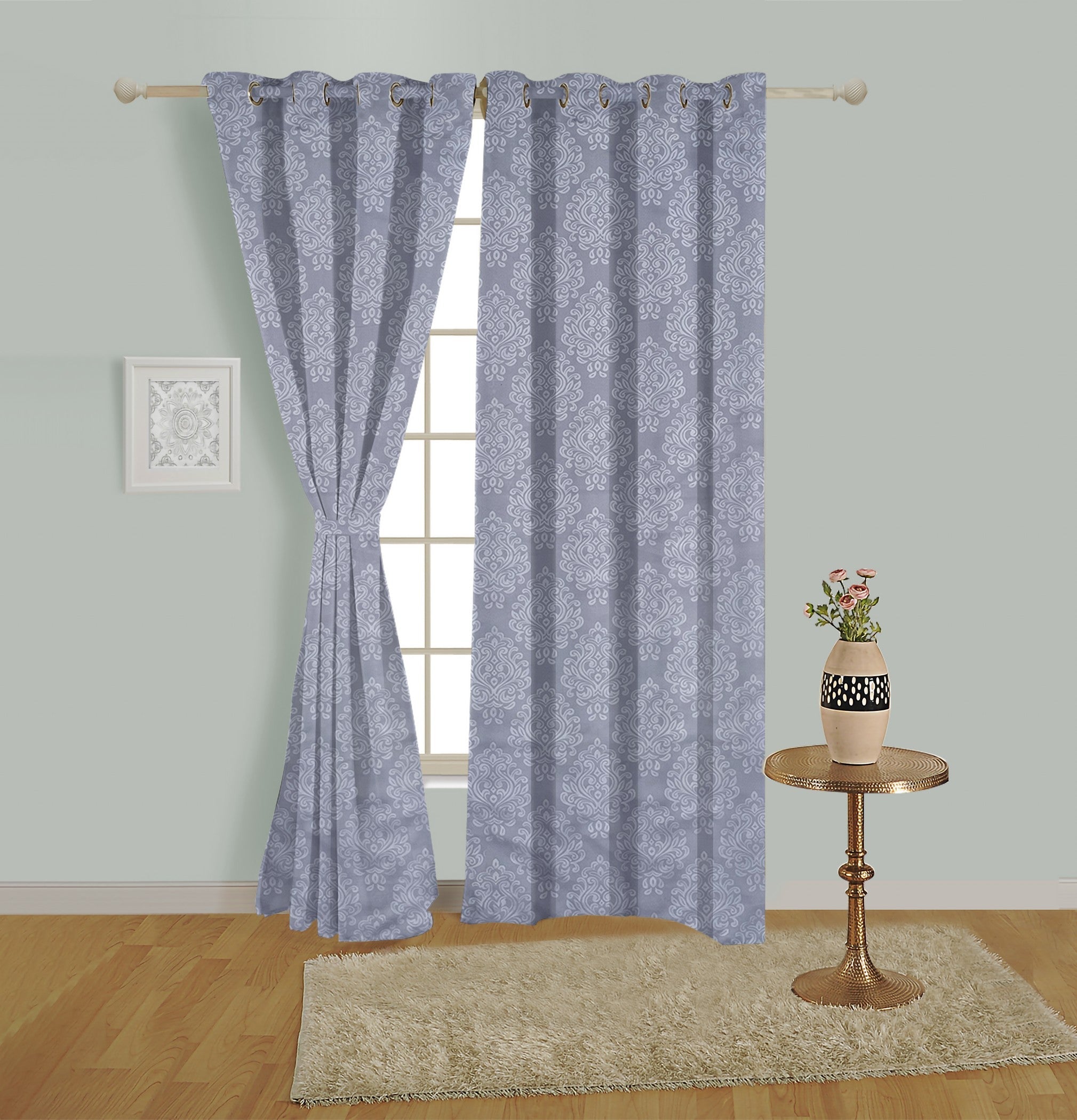 Jacquard Damask Charcoal Grey Long Door Curtains – Set of 2