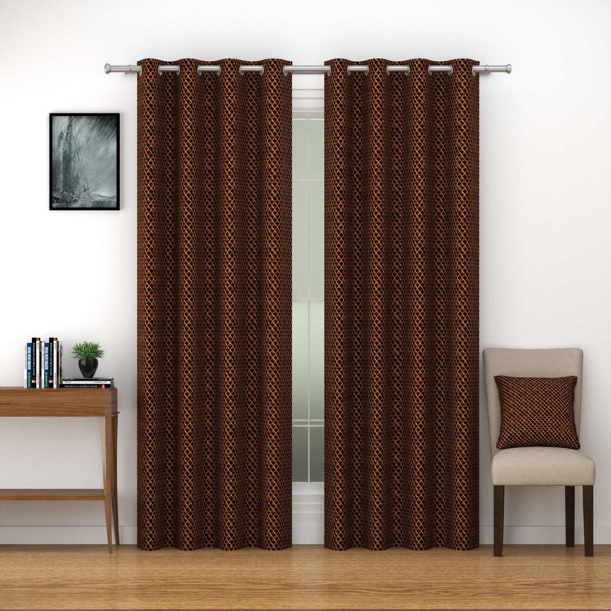 Velvet Geometric Chocolate Brown Long Door Curtains – Set of 2