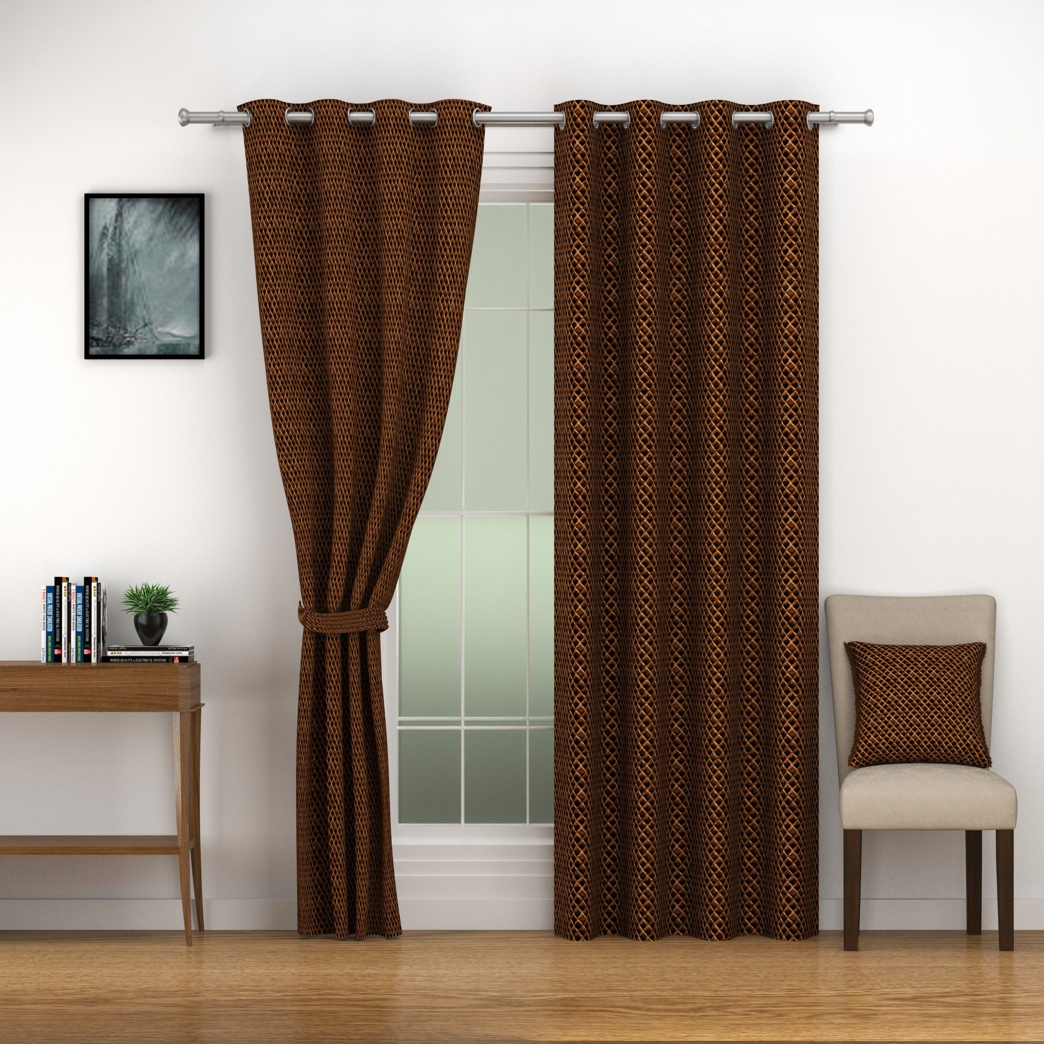 Velvet Geometric Chocolate Brown Long Door Curtains – Set of 2