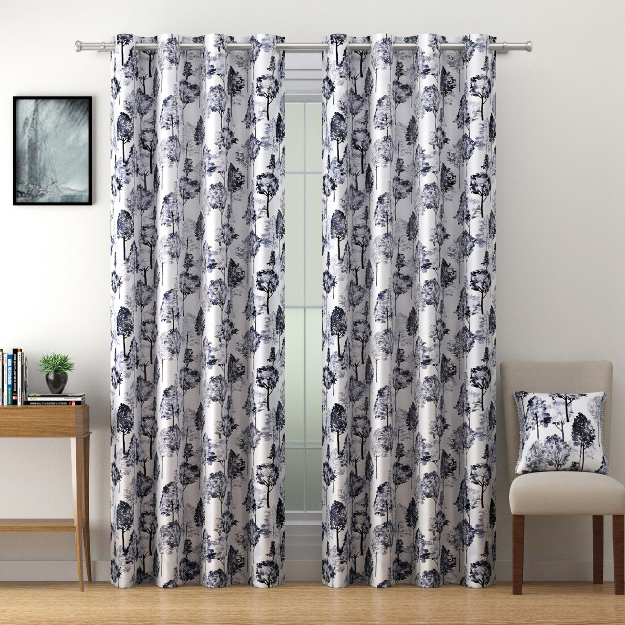 Nature-Inspired Grey Tree Print Long Door Curtains – Set of 2