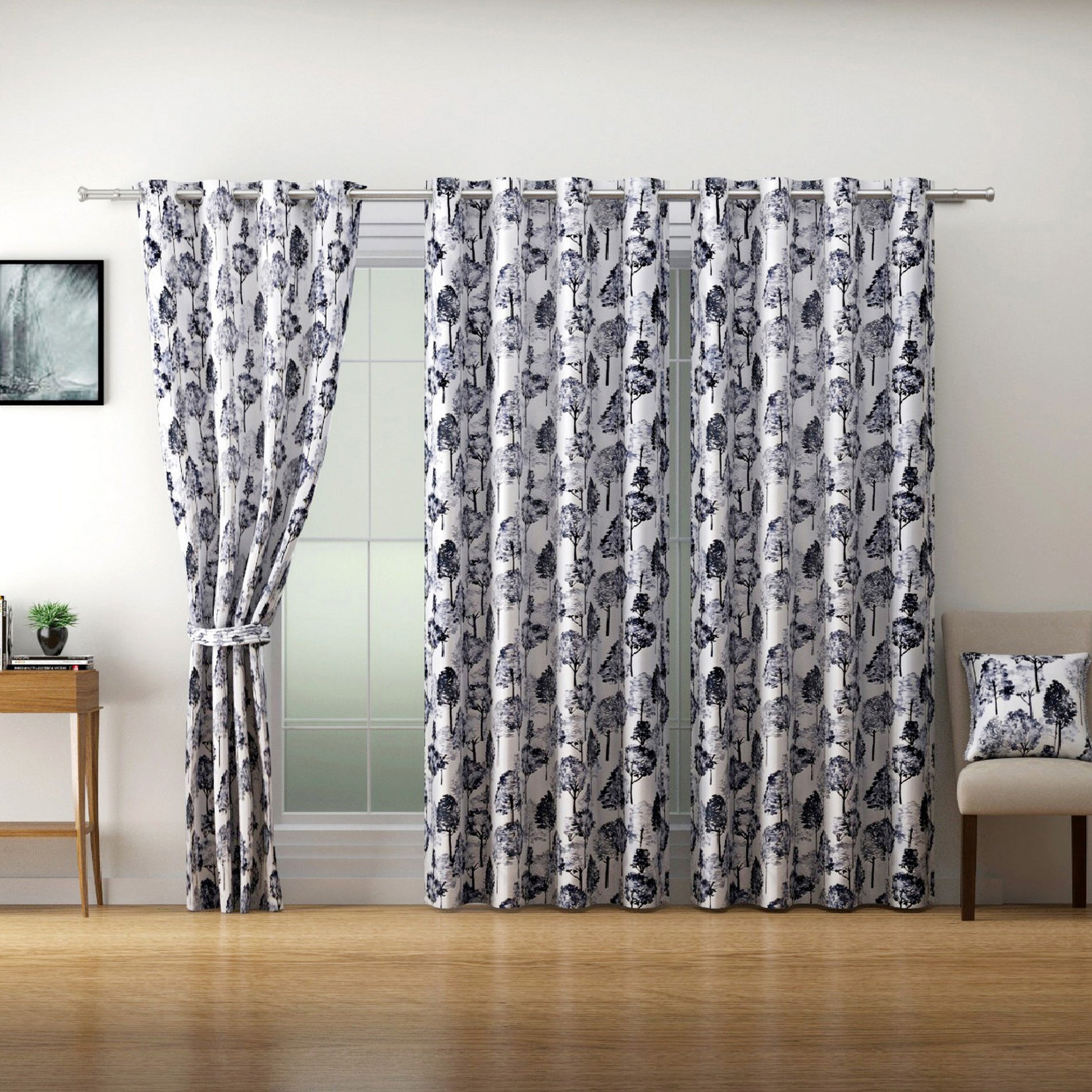 Nature-Inspired Grey Tree Print Long Door Curtains – Set of 2
