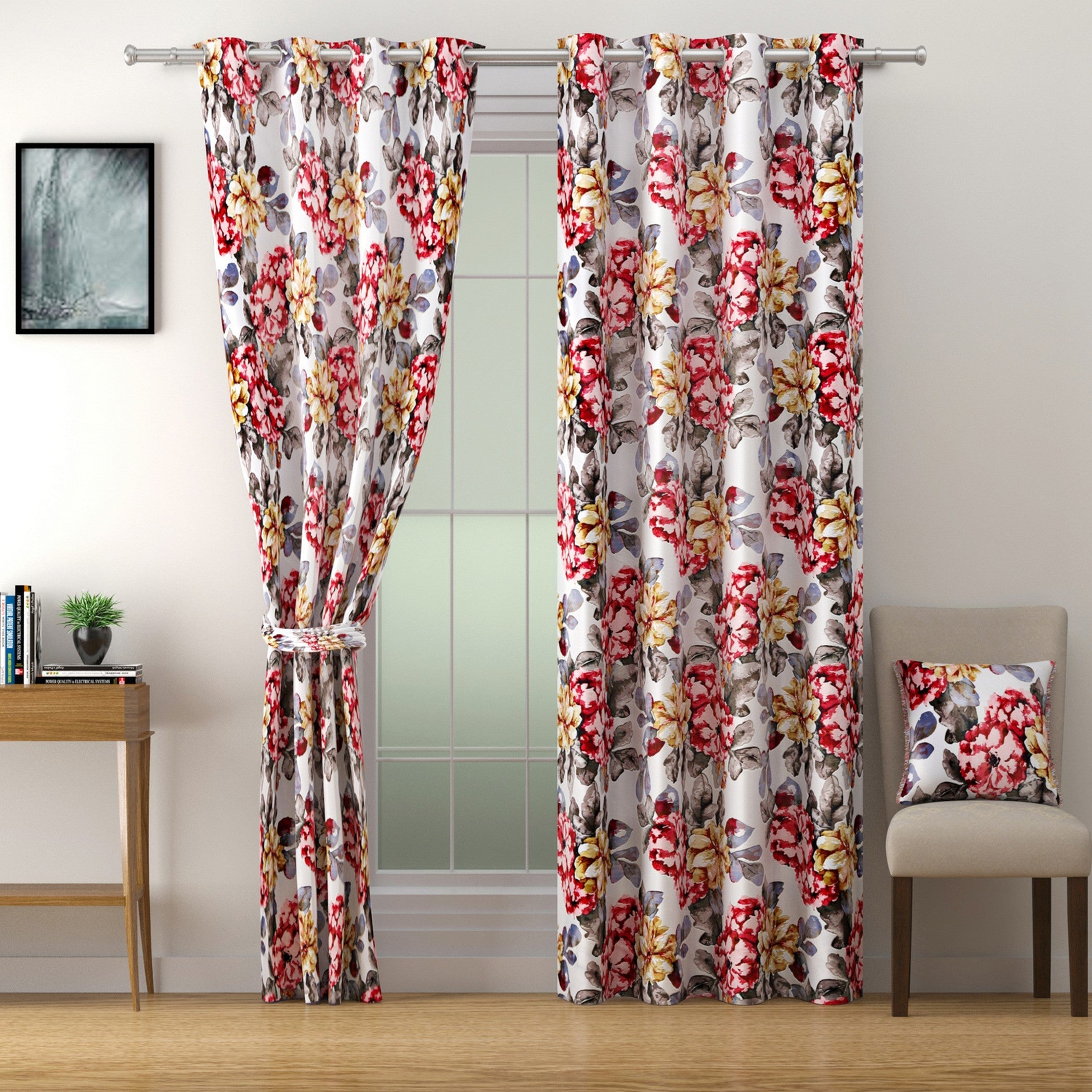 Crimson Bloom Floral Curtains – Red, Mustard & Grey, Set of 2
